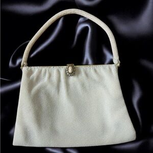 VINTAGE Purse Clutch Handbag With Cameo, White Beaded Satin Hand Made In France
